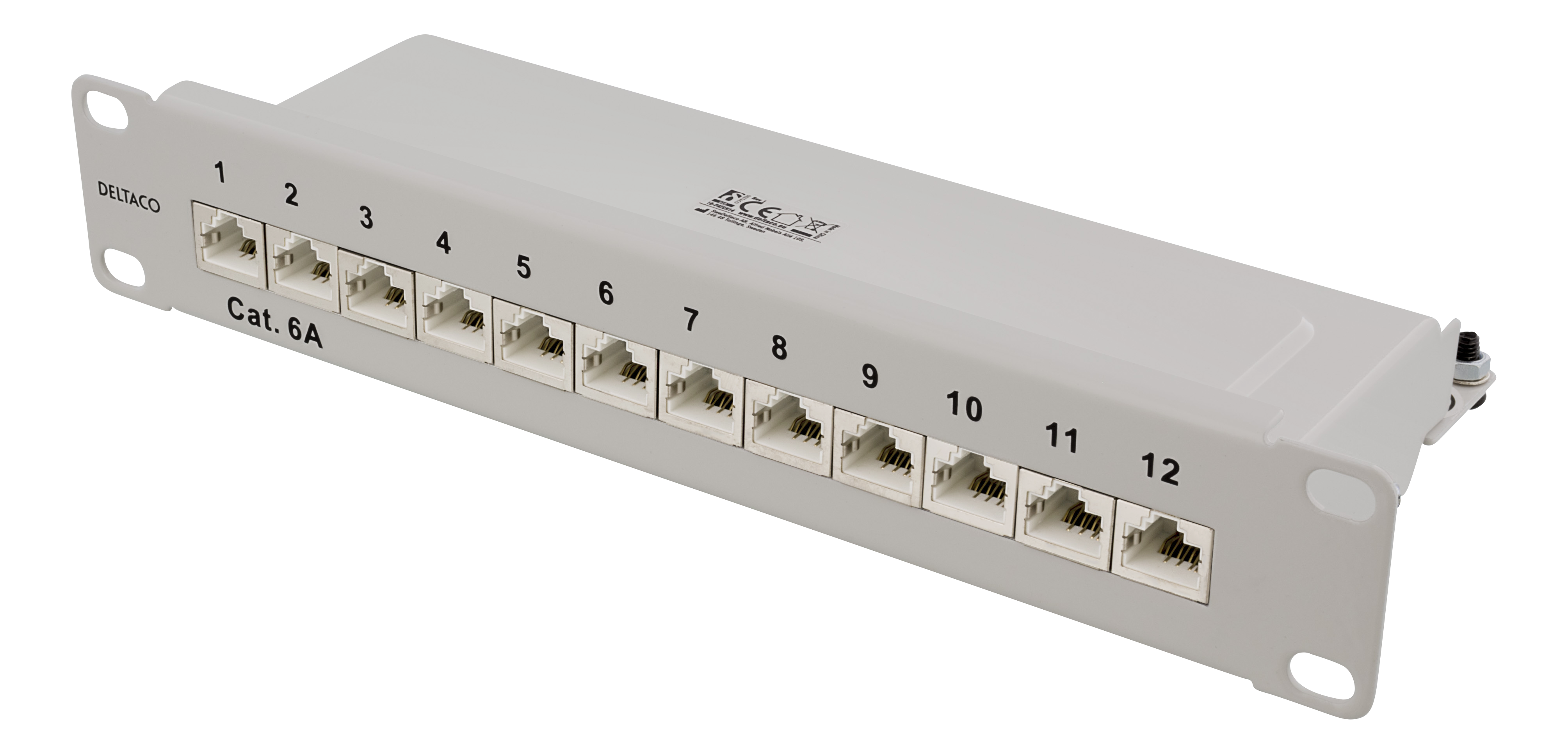 DELTACO 10 "ielāpu panelis, 12xRJ45, Cat6a, STP, 10Gbps, metāls, pelēks