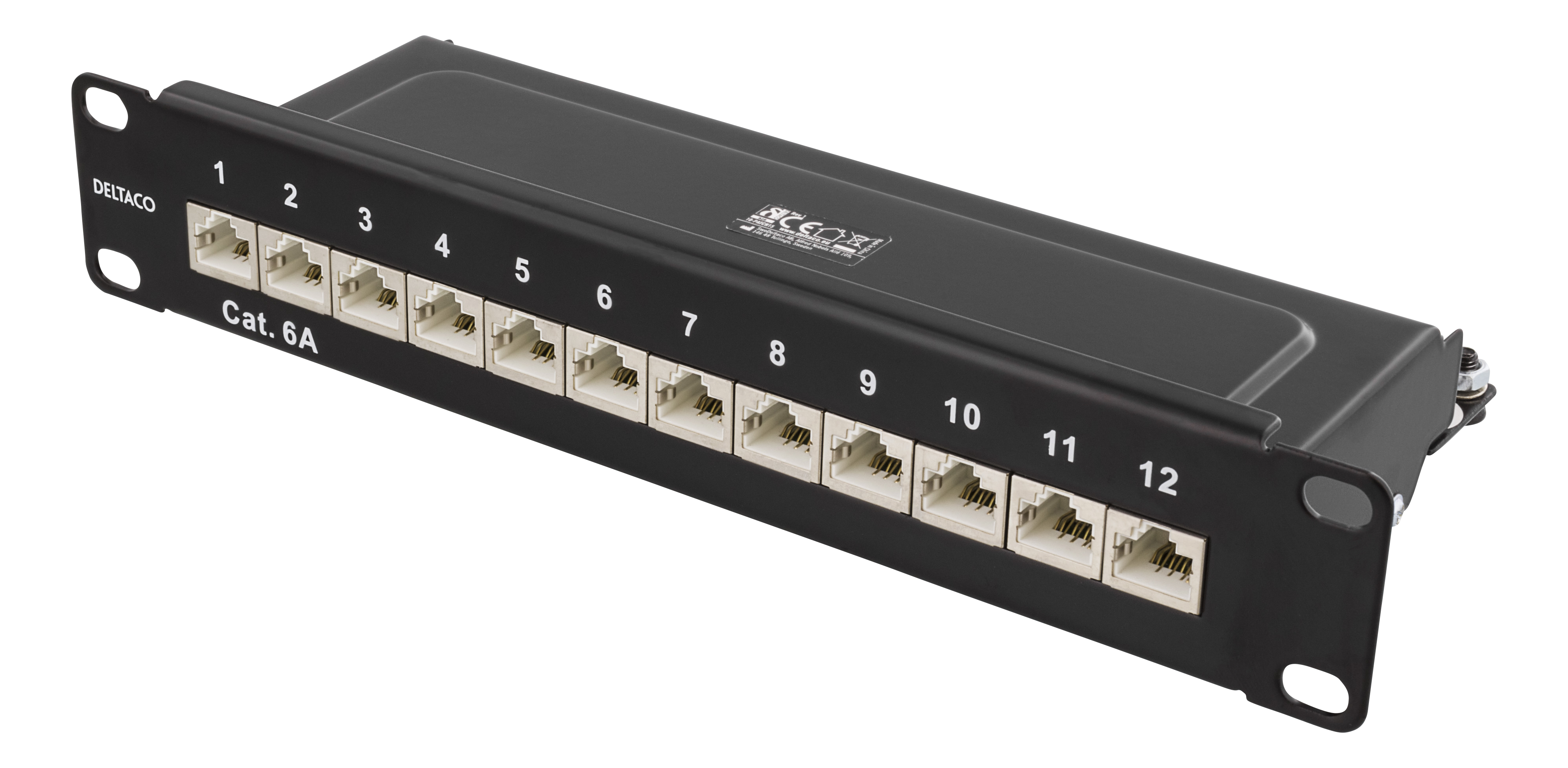 DELTACO 10 "ielāpu panelis, 12xRJ45, Cat6a, STP, 10Gbps, metāls, melns