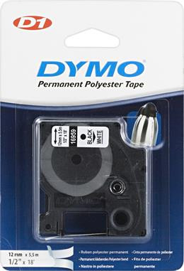 DYMO D1 marķējuma lentes permols poliesters 12mm, melns uz balta, 5,5 m veltnis