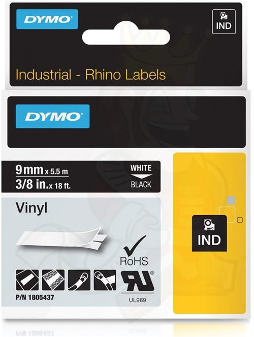 Tape DYMO Rhino 9mm x 5.5m, vinyl, white on black / 1805437