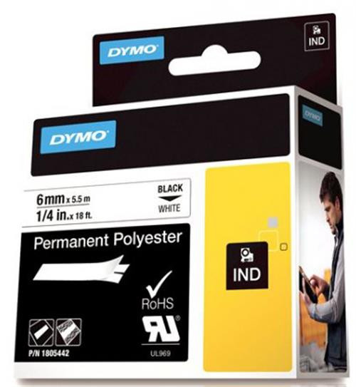 DYMO Rhino Professional, noticeable permanent polyester tape, 6mm, black text on white tape, 5.5m 1805442