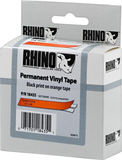 DYMO Rhino Professional, noticeable permanent vinyl tape, 12 mm, black text on orange tape, 5.5 m 18435
