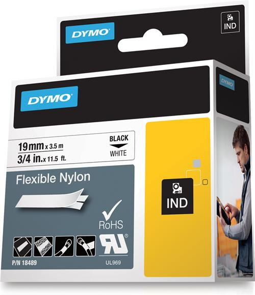 DYMO Rhino Professional, noticeable flexible nylon tape, 19 mm, black text on white tape, 3.5 m / 18489