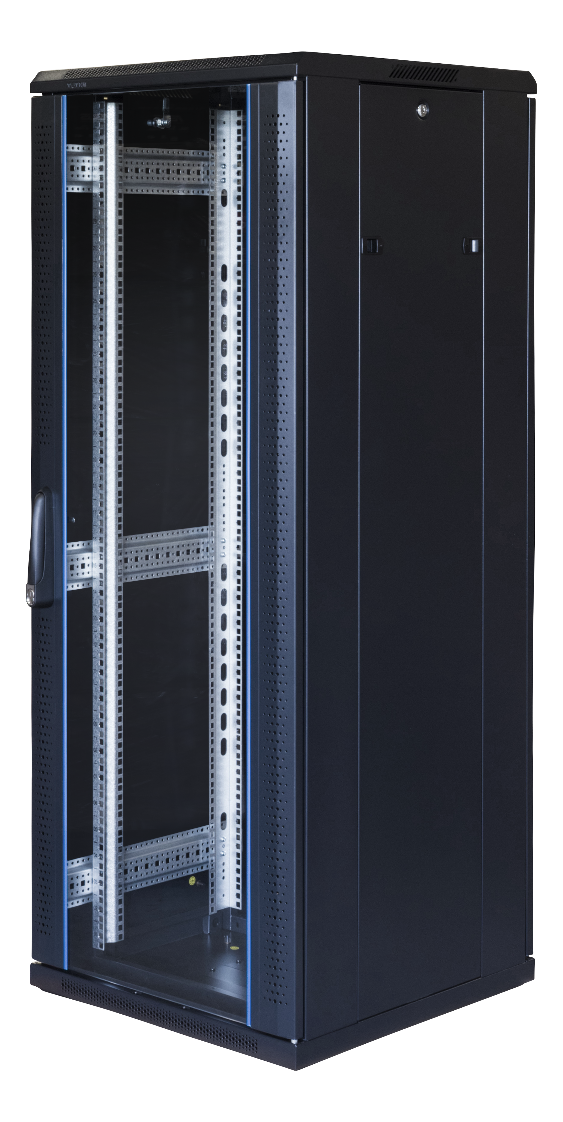 19" cabinet TOTEN, System G, 32U, 600x600, glass front, perforated rear door, 800kg load, black / G6.6632.9801 / 19-G6632GP