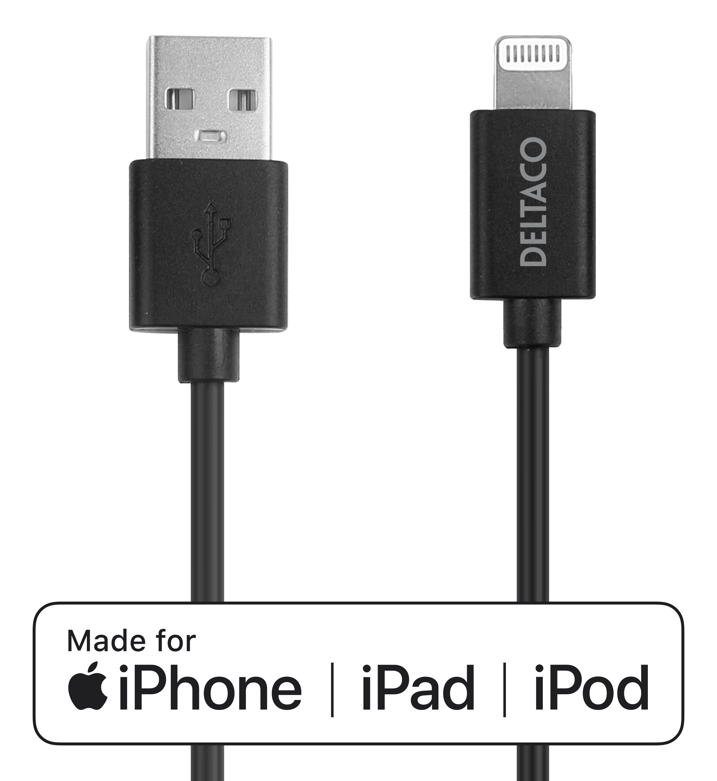 DELTACO USB-A uz Lightning, MFi C89, 1m, melns
