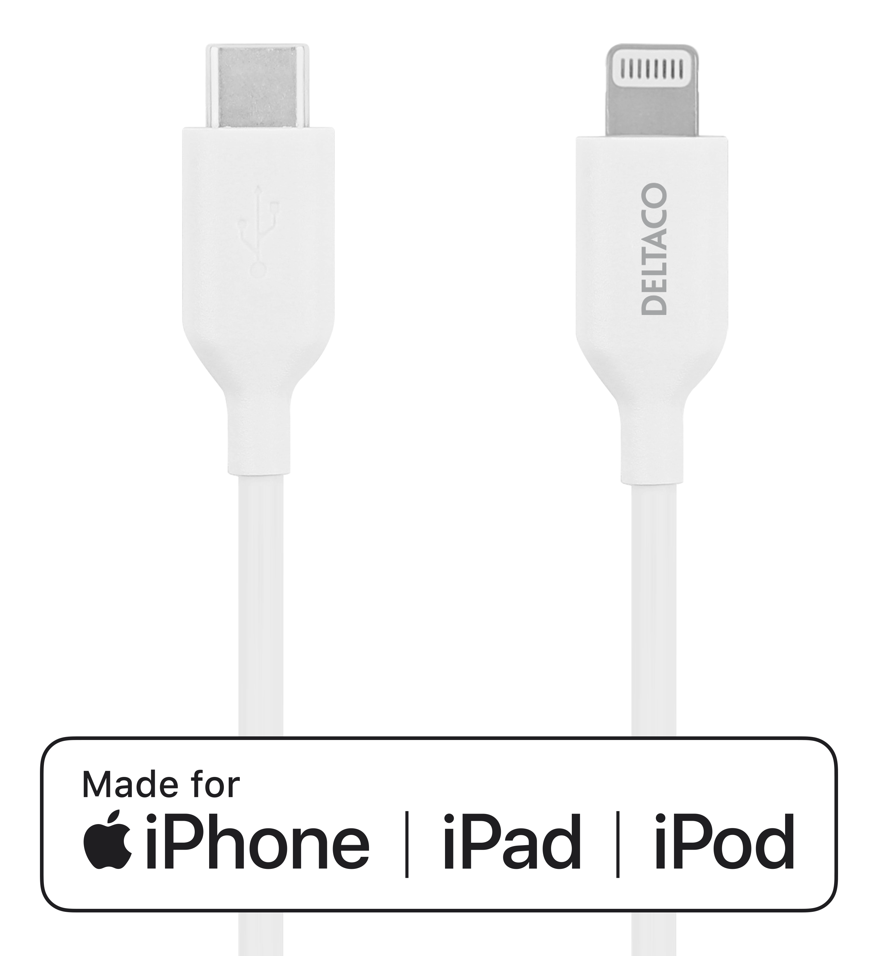DELTACO USB-C līdz Lightning kabelis, MFi C94, 1m, balts