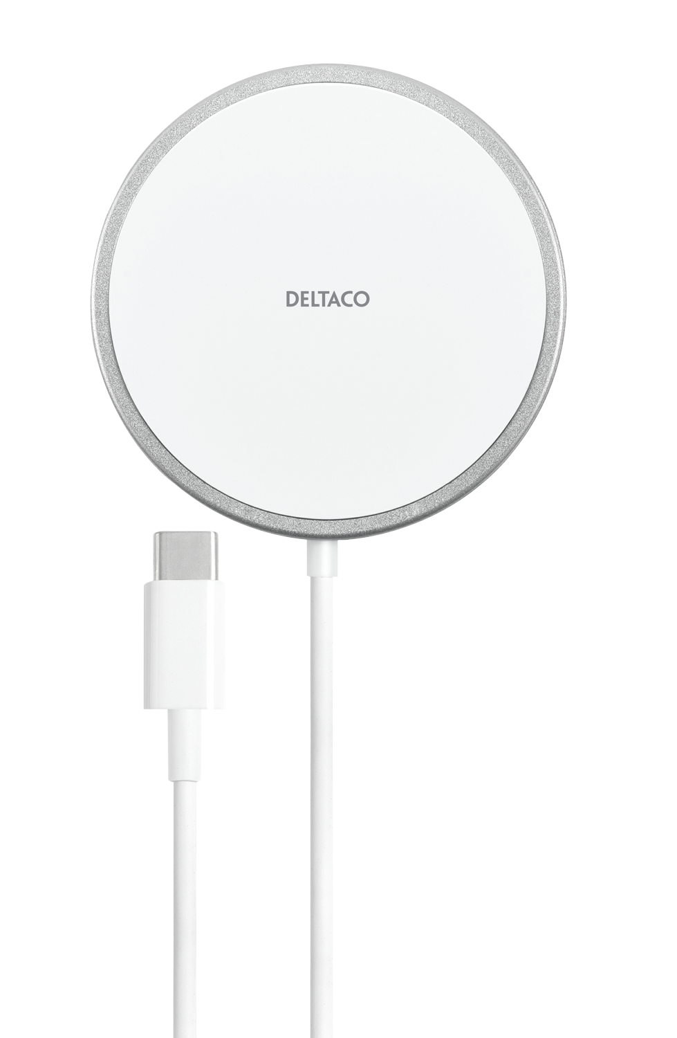 DELTACO magnētiskais bezvadu lādētājs, 15 W, USB-C, balts/sudrabs