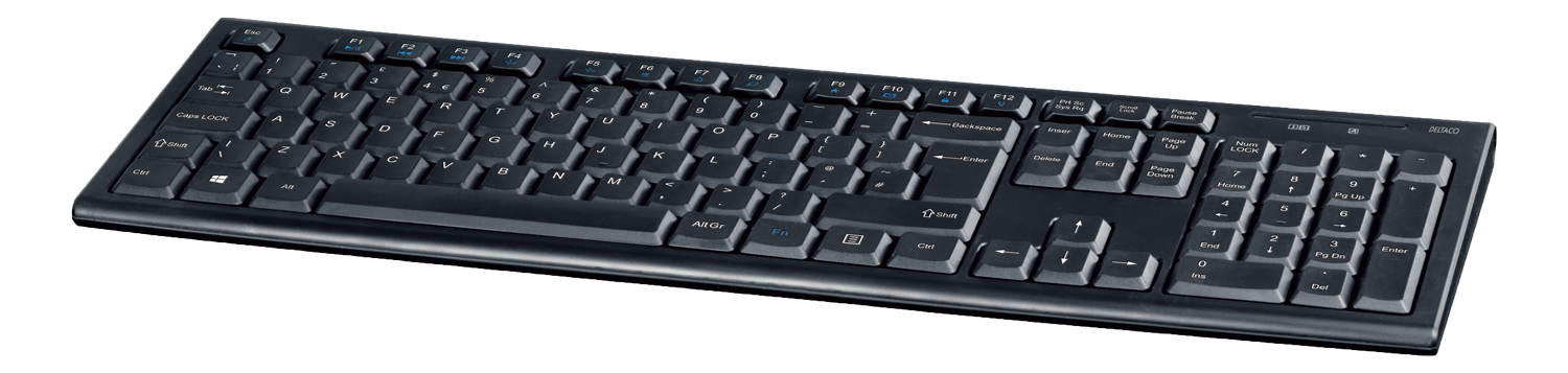 DELTACO bezvadu tastatūra, 105 taustiņi, USB uztvērējs, 10 m diapazons, Lielbritānijas izkārtojums