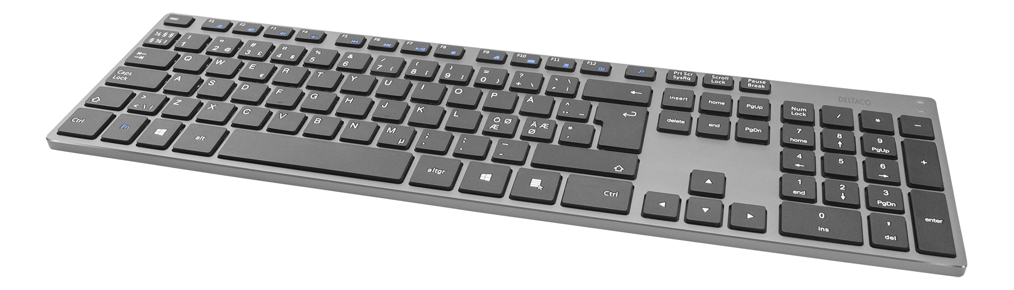 Deltaco Wireless plāna biroja tastatūra, 2,4 GHz USB uztvērējs, alumīnijs