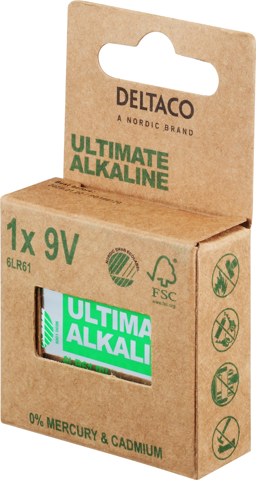 DELTACO Ultimate Alkaline akumulators, 9V, 6LR61, 1 iepakojums