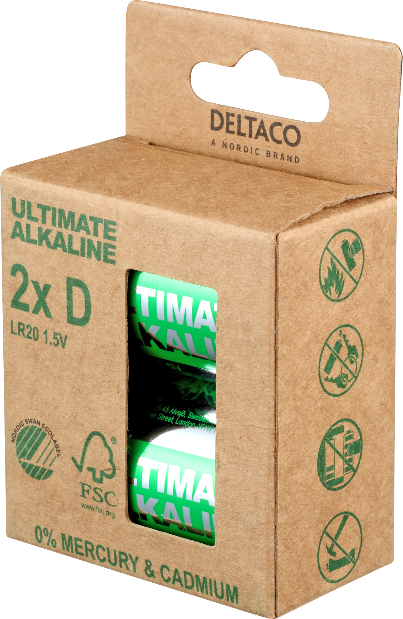 DELTACO Ultimate Alkaline baterijas, LR20/D izmērs, 2 iepakojumi