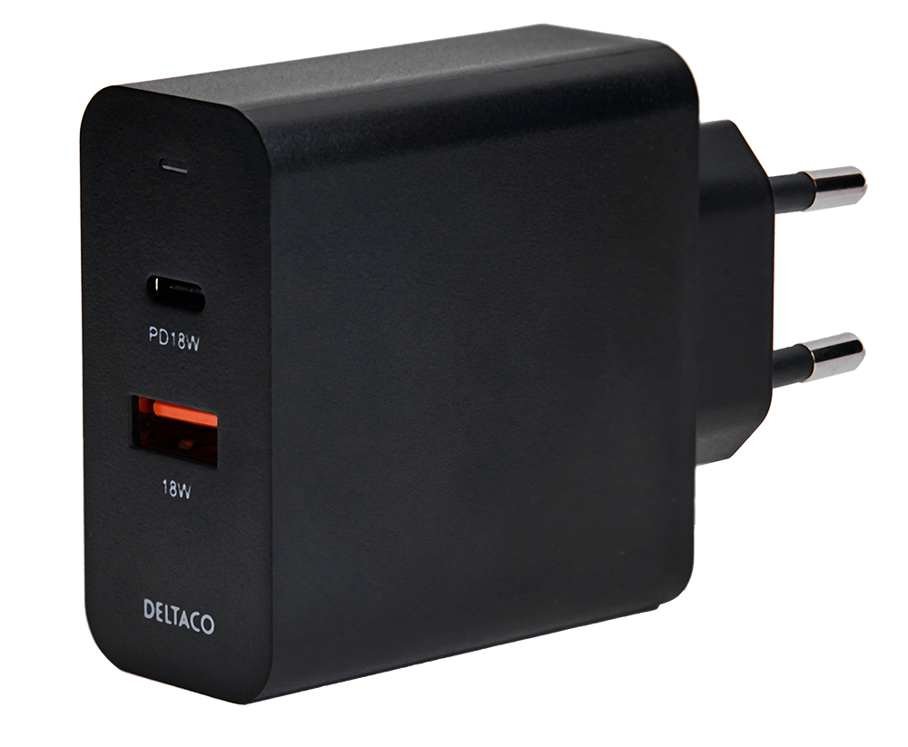 DELTACO USB sienas lādētājs, 1x USB-C PD 18 W, 1x USB-A 18 W, 36 W, melns