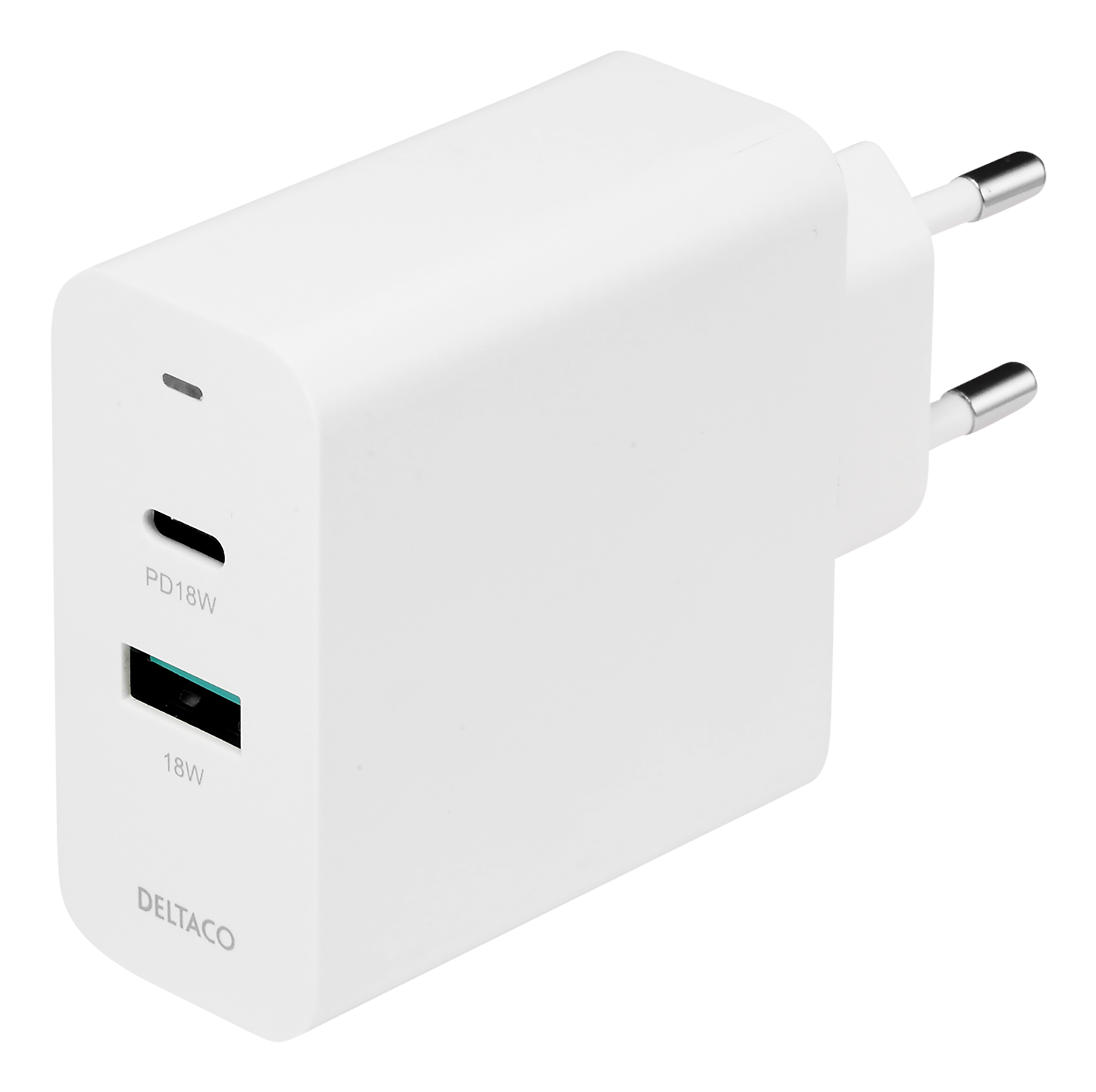 DELTACO USB sienas lādētājs, 1x USB-C PD 18 W, 1x USB-A 18 W, 36 W, balts