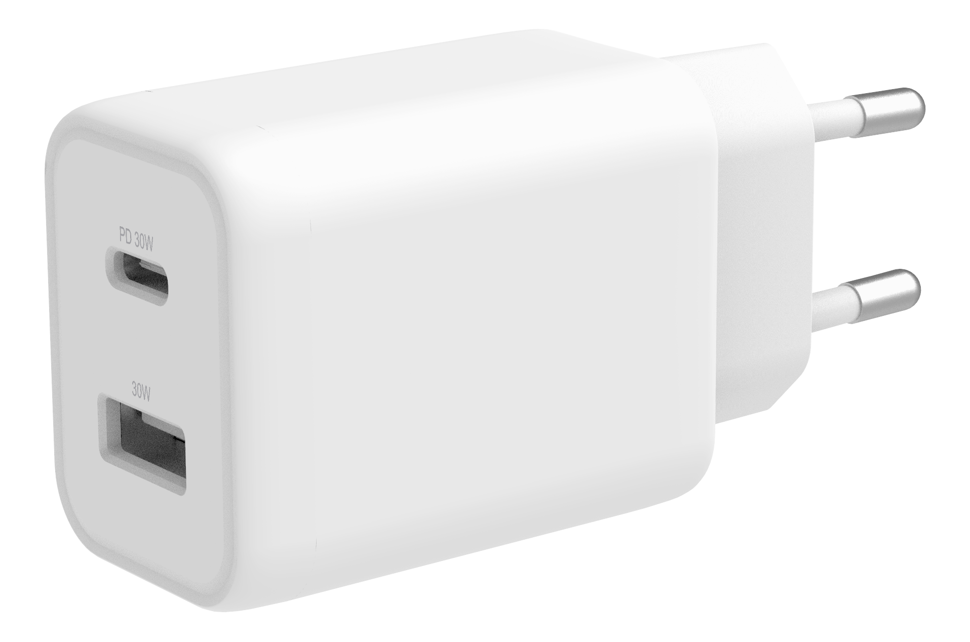 DELTACO USB sienas lādētājs, 1x USB-A 18 W, 1x USB-C PD 30 W, PPS, balts