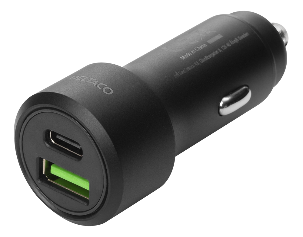 DELTACO USB automašīnas lādētājs, 1x USB-C, PD 18 W, 1x USB-A, 18 W, 36W, metāls