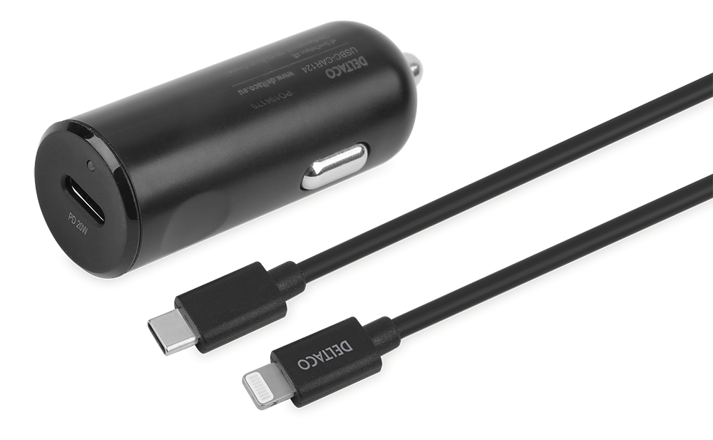 DELTACO USB auto lādētājs, 1x USB-C PD 20 W, 1 m Lightning kabelis, melns