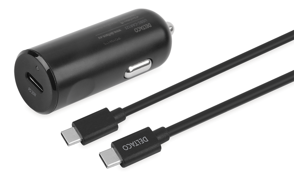 DELTACO USB auto lādētājs, 1x USB-C PD 20 W, 1 m USB-C kabelis, melns