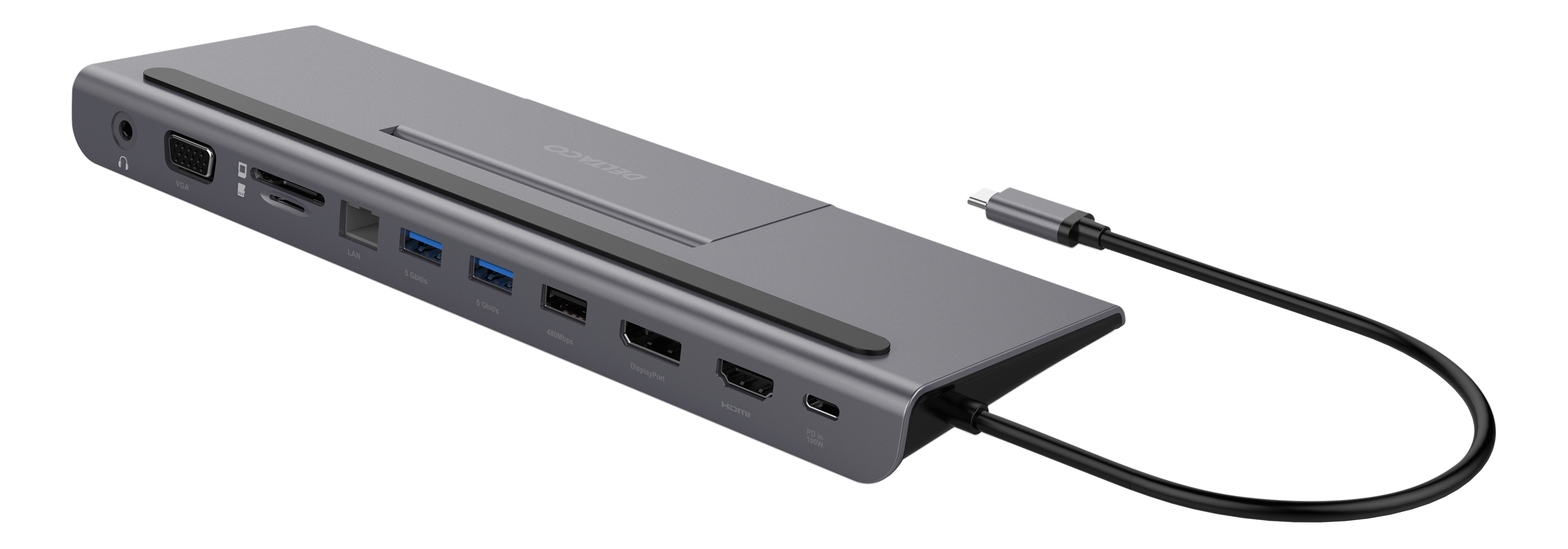 DELTACO USB-C dokstacija VGA/DP/HDMI/SD/RJ45/3.5, PD 3.0, sp.grey