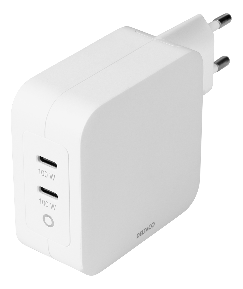 DELTACO USB-C sienas lādētājs, GaN tehnoloģija, 2x USB-C PD, kopā 100 W