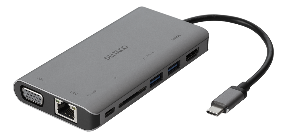 DELTACO USB-C dokstacija HDMI / VGA / 2xUSB-A PD 3.0 spc pelēka