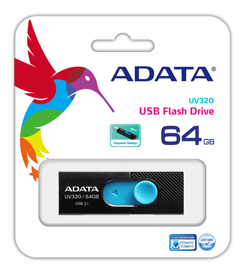 USB 3.1 memory A-DATA UV320 Gen 1, 64GB, extendable USB-A connector, up to 5 GB/s, black/blue AUV320-64G-RBKBL / ADATA-322