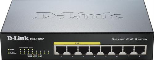 Switch D-Link 8x10 / 100 / 1000Mbps RJ45, 4xPoE, 52W, table-top, black / DGS-1008P