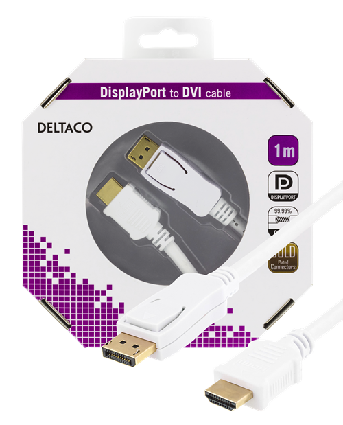 DELTACO DisplayPort - HDMI monitora kabelis, 20 kontaktu m - 19 kontaktu m 1 m, balts