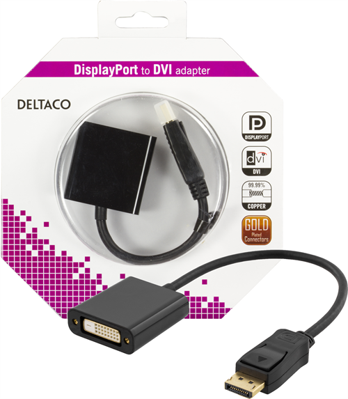 DELTACO DisplayPort uz DVI-I Dual Link adapteris, melns, 0,2 m