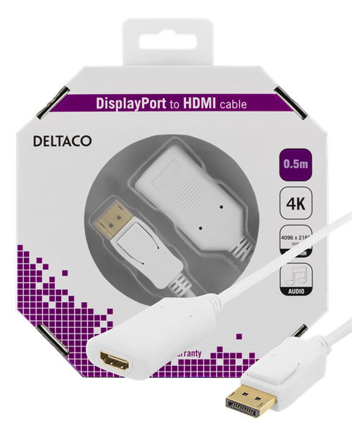 DELTACO DisplayPort līdz HDMI 2.0b kabelis, 4K pie 60Hz, 0.5m, balts