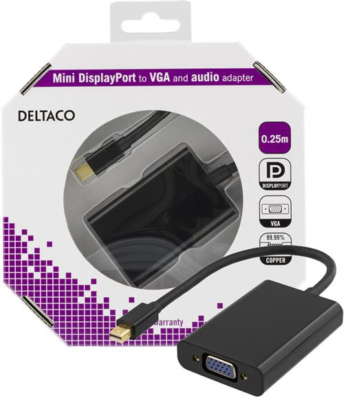 DELTACO mini DP to VGA adapter + audio , Full HD - 60Hz, black, 0.25m, 3.5mm, 20-pin ha - 15-pin ho / DP-VGA13-K
