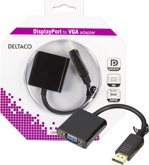 DELTACO DP to VGA Adapter, Full HD in 60Hz, Black, 0.2m, 20-pin ha - 15-pin ho / DP-VGA7-K