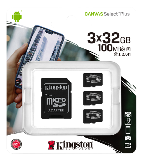 Kingston 32GB micSDHC Canvas Select Plus 100R A1 C10 3-pack + 1 ADP