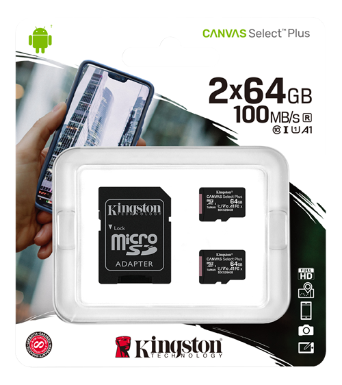 Kingston 64GB micSDXC Canvas Select Plus 100R A1 C10 2-pack + 1 ADP