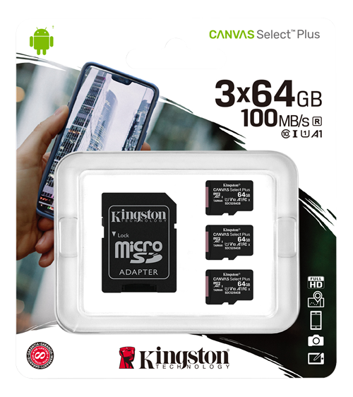 Kingston 64GB micSDXC Canvas Select Plus 100R A1 C10 3-pack + 1 ADP