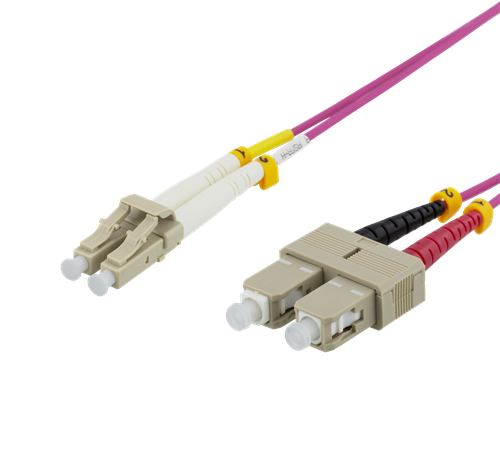 DELTACO Šķiedru kabelis, 1m, LC-SC Duplex, 50/125, rozā