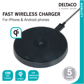DELTACO Wireless Fast-charger for iPhone and Android, 10W, QI Certified, black / QI-1028