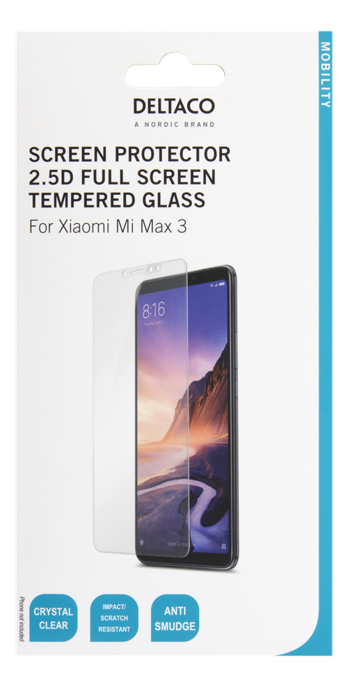 DELTACO ekrāna aizsargs Xiaomi Mi Max 3, 2.5D stiklam, pilnekrāna režīmā