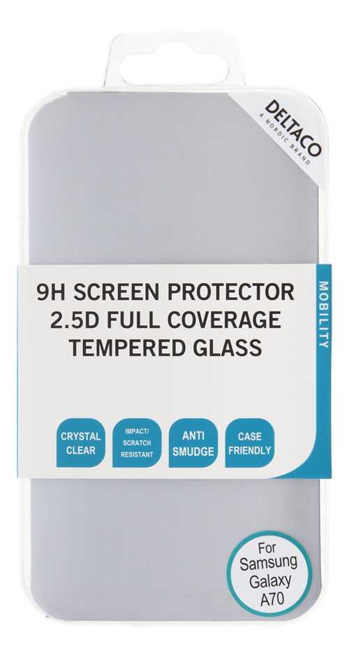 DELTACO ekrāna aizsargs, Galaxy A70, 2.5D pilna pārklājuma stikls
