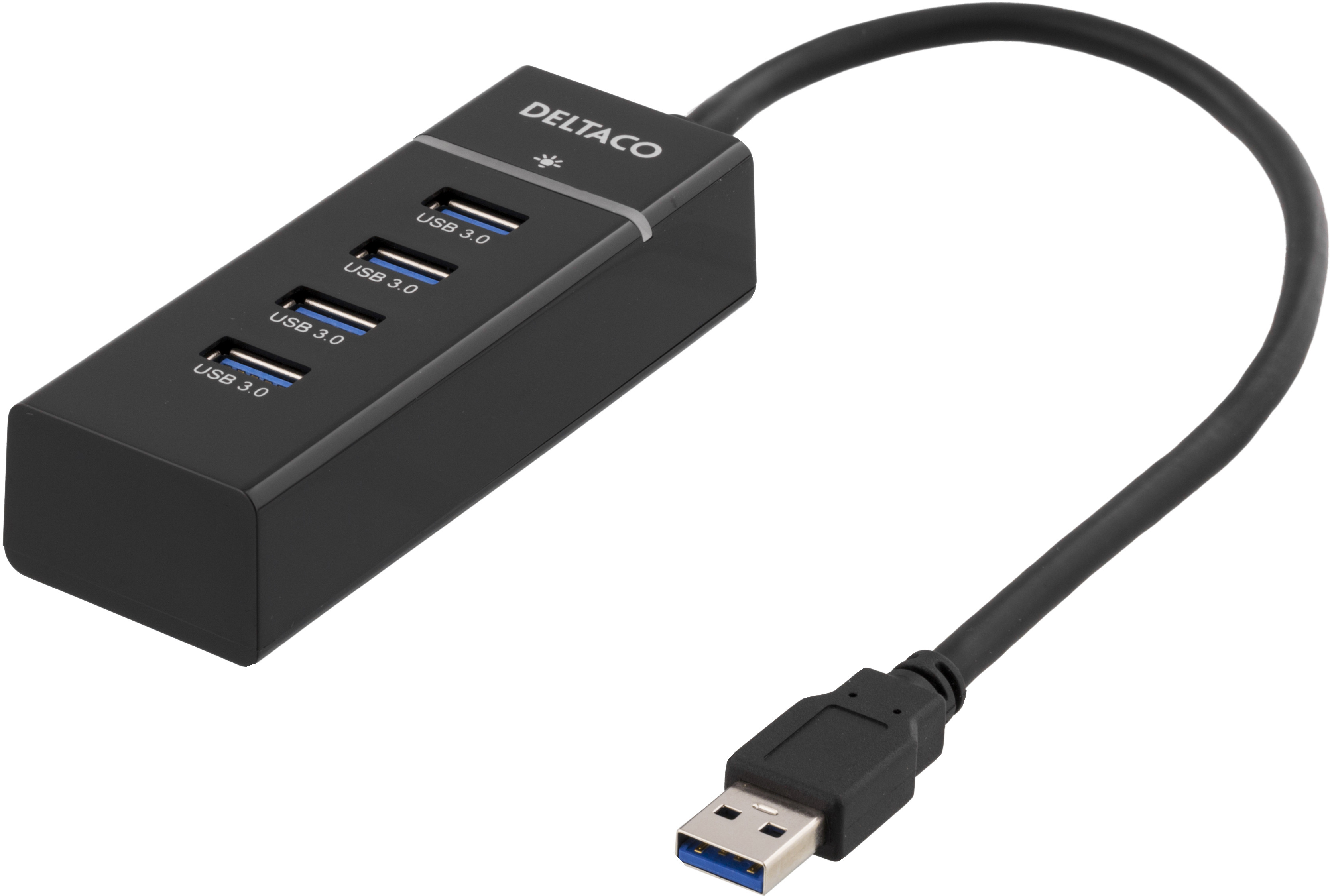 DELTACO USB 3.0 centrmezgls, 4 portāri, alumīnijs, svart