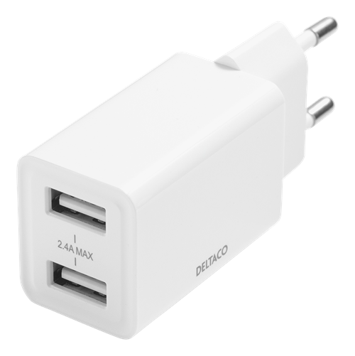 DELTACO USB sienas lādētājs, 2x USB-A, 2,4 A, kopā 12 W, balts
