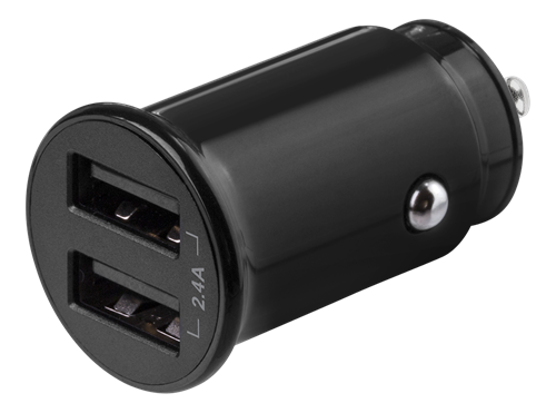 DELTACO 12/24 V USB automašīnas lādētājs ar kompaktu izmēru un divām USB-A pieslēgvietām