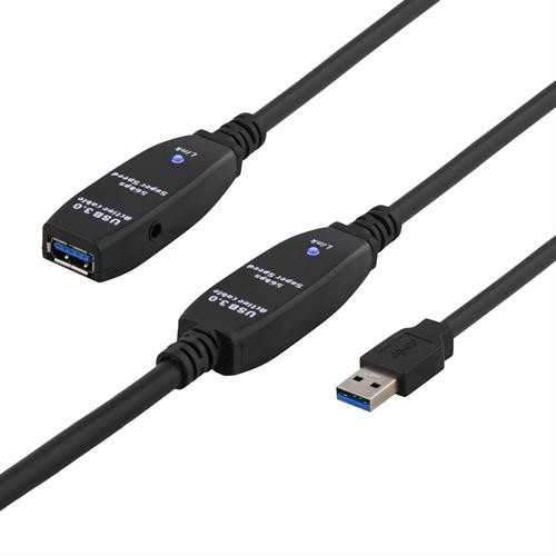 DELTACO PRIME USB 3.0 extension cable with AC adapter, active, Type A male - Type A female, 15m, black/ USB3-1008