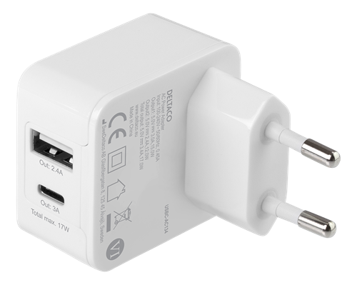 DELTACO Dual USB sienas lādētājs 1x USB-A, 1x USB-C, 17 W, balts