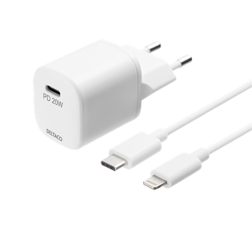 DELTACO USB sienas lādētājs, USB-C, PD 20 W, ieskaitot 1 m C līdz zibens