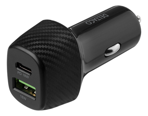 DELTACO USB automašīnas lādētājs, 1x USB-C, PD 18 W, 1x USB-A, 18 W, kopā 36 W