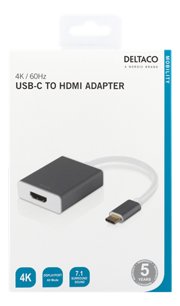 DELTACO USB-C - HDMI, 4096x2160 60Hz, 0.2m, telpas pelēks