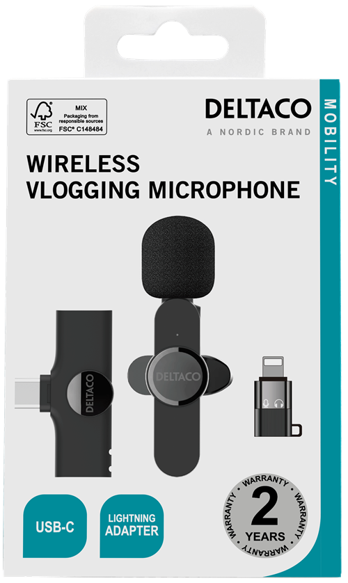 DELTACO Wireless Vlogging mikrofons USB-C/Lightning viens iepakojums