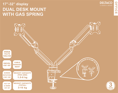 Deltaco Dual Gas Spring, 17-32, 8 kg, 2 monitors, black