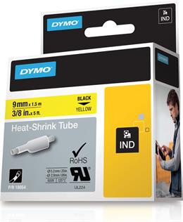 Rhino, noticeable shrink tube, 9mm, black text on yellow hose, 1.5 m for cable diameter between 2.0 mm - 5.2 mm. DYMO / 18054