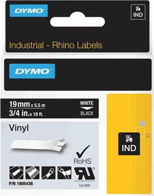 DYMO Rhino Professional, noticeable permanent vinyl tape, 19 mm, white text on black tape, 5.5m / 1805436